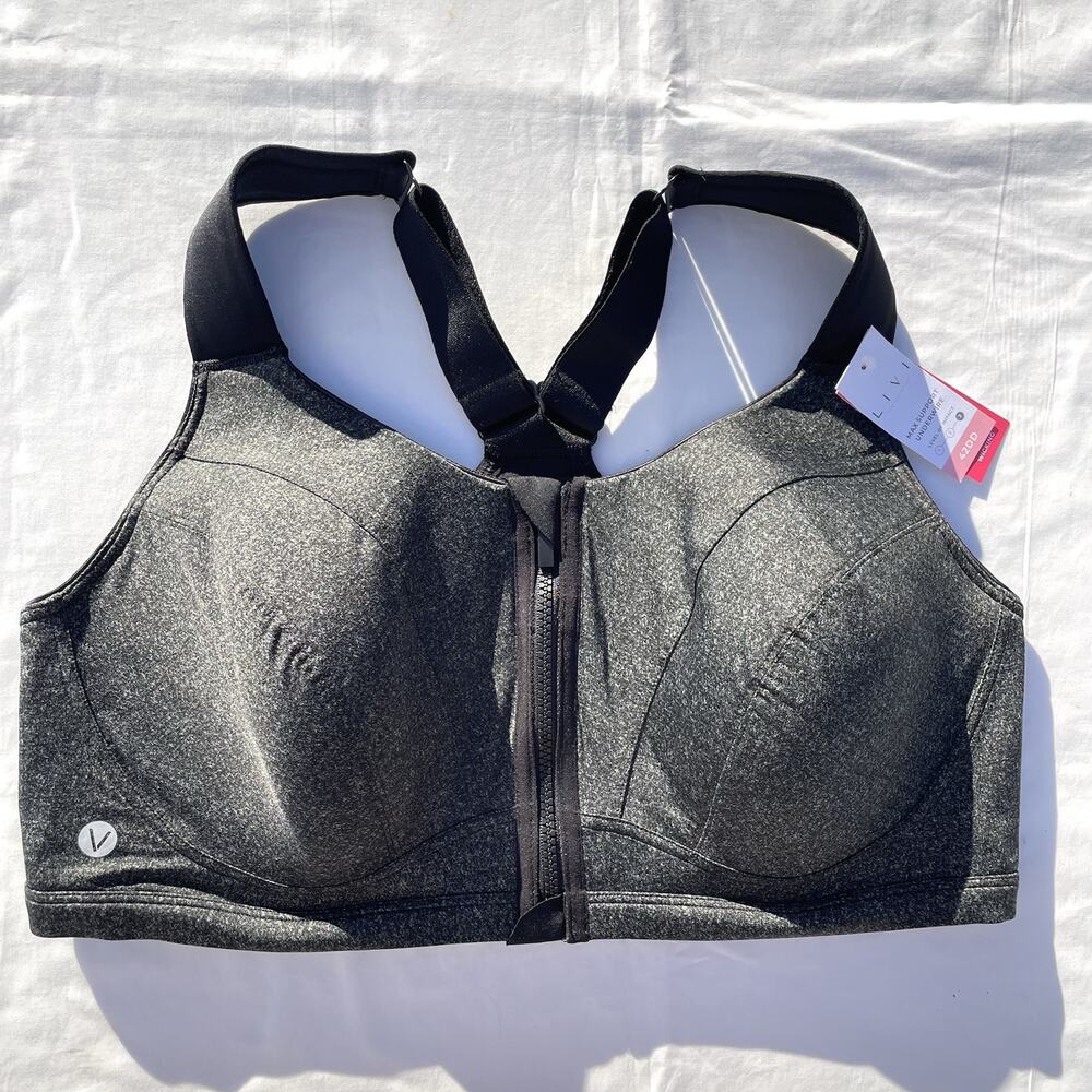 Livi High Impact Wicking Sports Bra 42DD Gray Zip Front Underwire